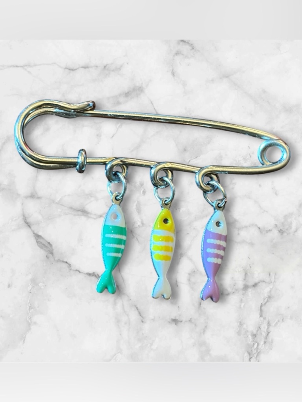 Silver Fish Charm Safety Pin Brooch with Blue, Yellow & Purple Fish Charms